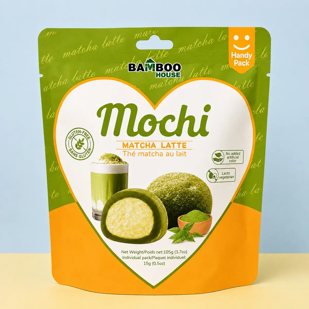 Bamboo House Mochi Matcha Latte 105g face, boulettes riz gluant matcha crème