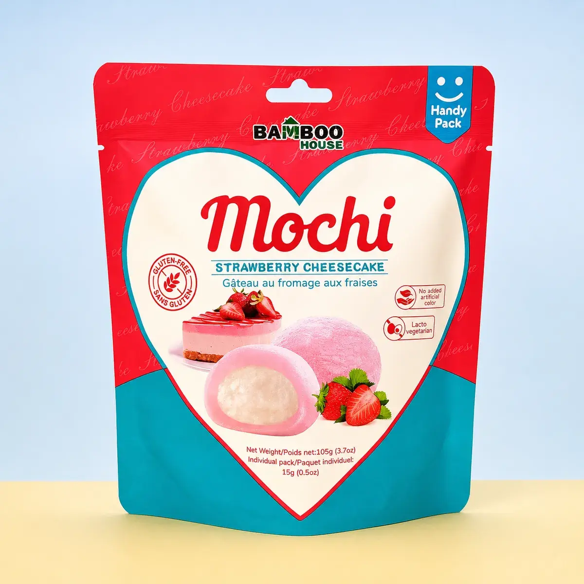 Sachet Bamboo House Mochi Cheesecake Fraise 105g, mochis sans gluten gâteau fromage fraise