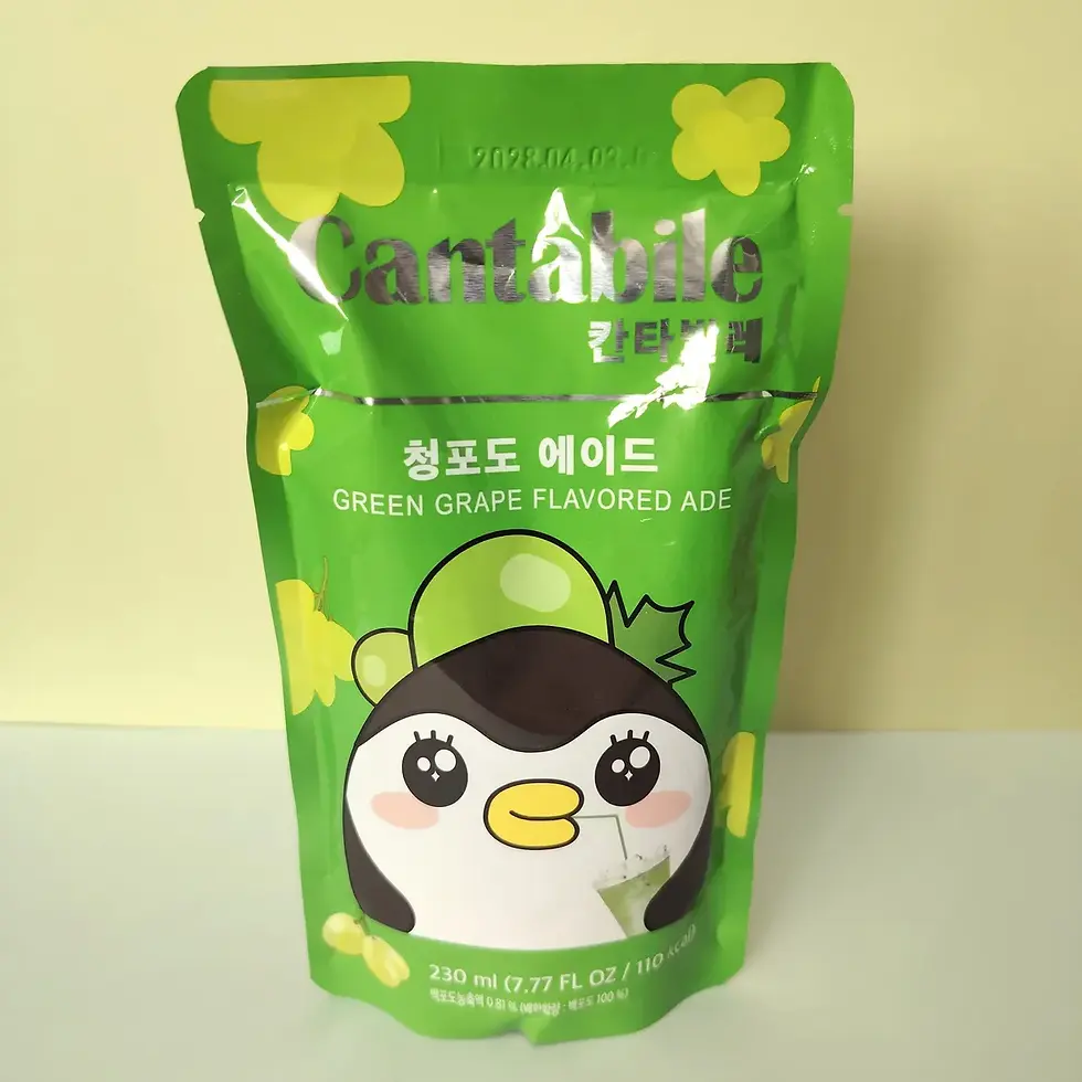 Sachet Cantabile boisson raisin vert 230ml vert vif, mascotte pingouin kawaii, boisson coréenne prêt-à-boire
