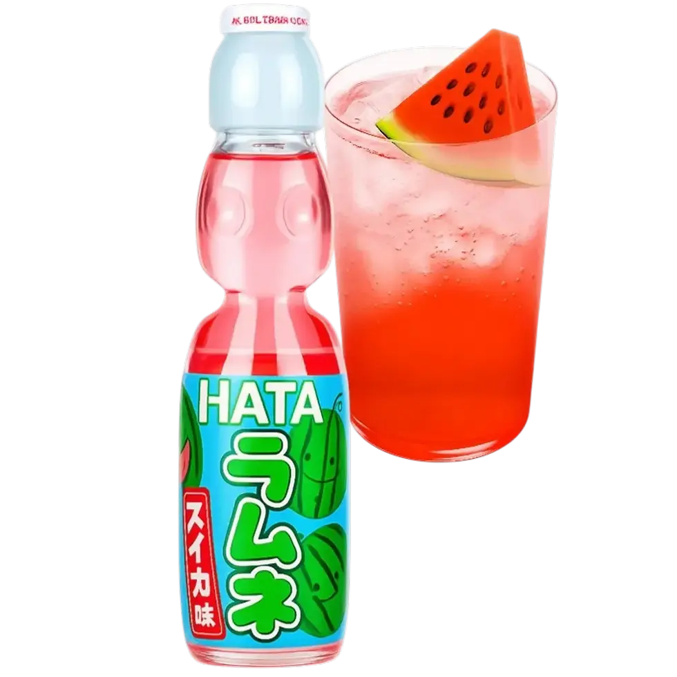 Bouteille de Ramune Pastèque 200ml Hata Kosen – soda japonais à bille pastèque avec un verre