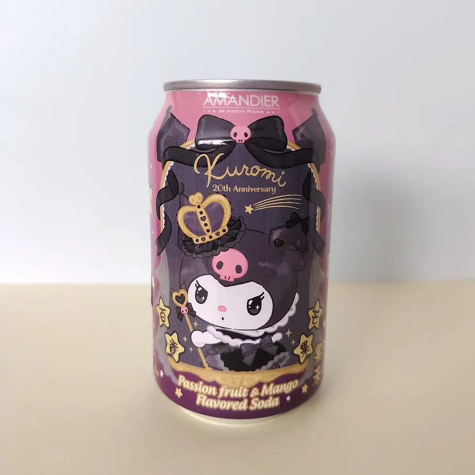 Canette Kuromi 20e anniversaire design portrait, soda fruit de la passion mangue