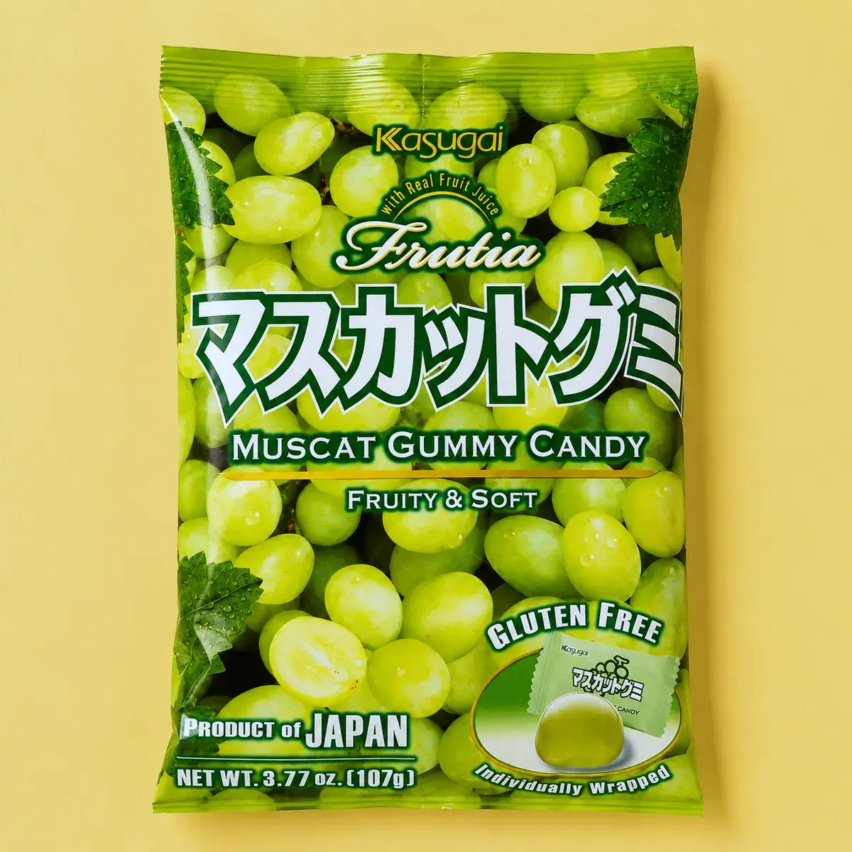 Sachet Kasugai Frutia Muscat Gummy 107g, gummies japonaises au jus de muscat sans gluten