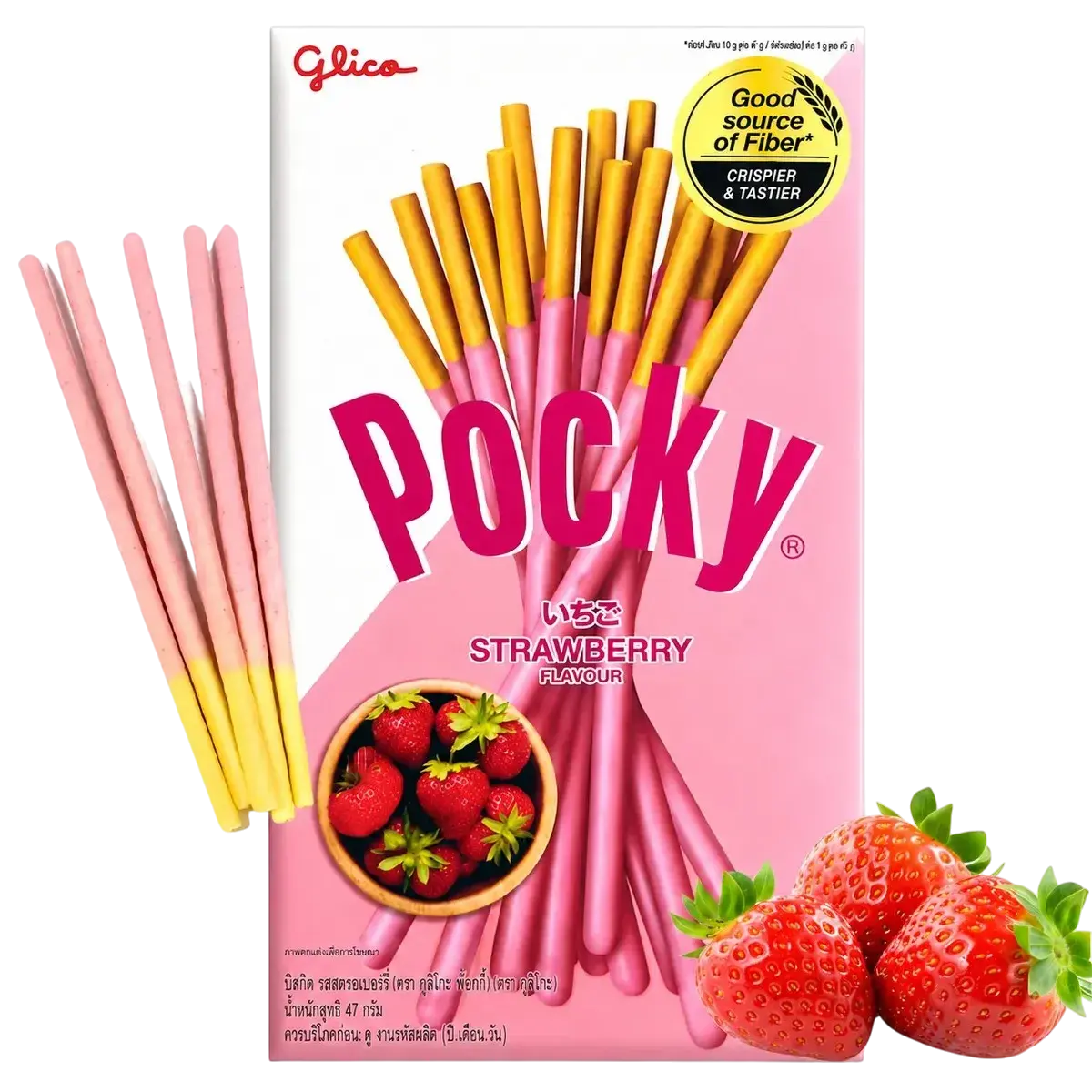 Boîte de Pocky Strawberry Glico tenue en main, bâtonnets biscuit enrobés crème fraise 45g