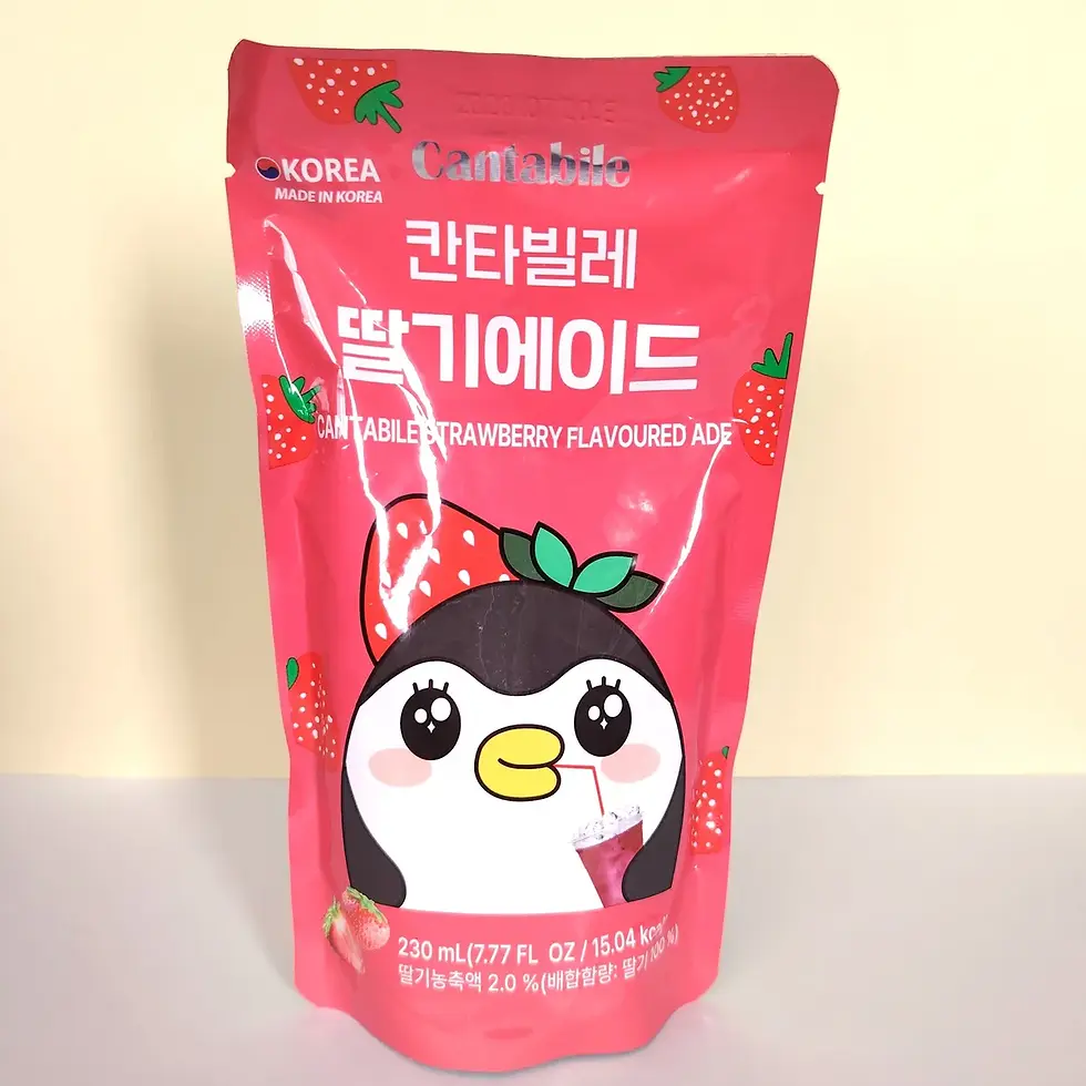 Sachet Cantabile boisson fraise 230ml rose, mascotte pingouin kawaii, boisson coréenne prêt-à-boire