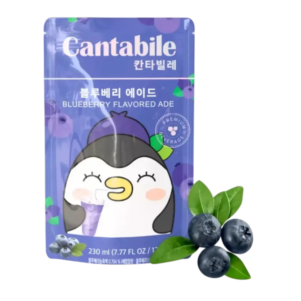 Sachet Cantabile Blueberry Ade 230ml avec myrtilles fraîches, mascotte pingouin kawaii, Corée du Sud