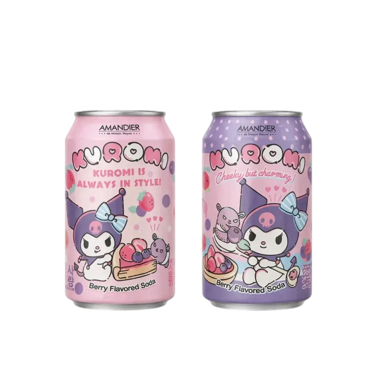 Les 2 canettes Kuromi soda fruits des bois 330ml, design rose "Always in style" et violet "Cheeky but charming", Taïwan