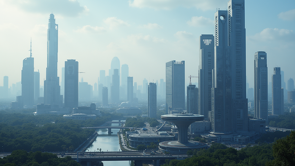 Eye-level view of a futuristic city skyline with advanced technology