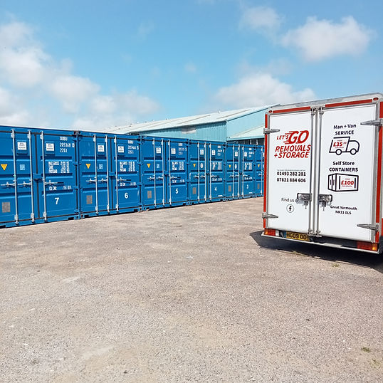 Blue storage containers with Let's Go Removals truck, Storage Solutions in the background.