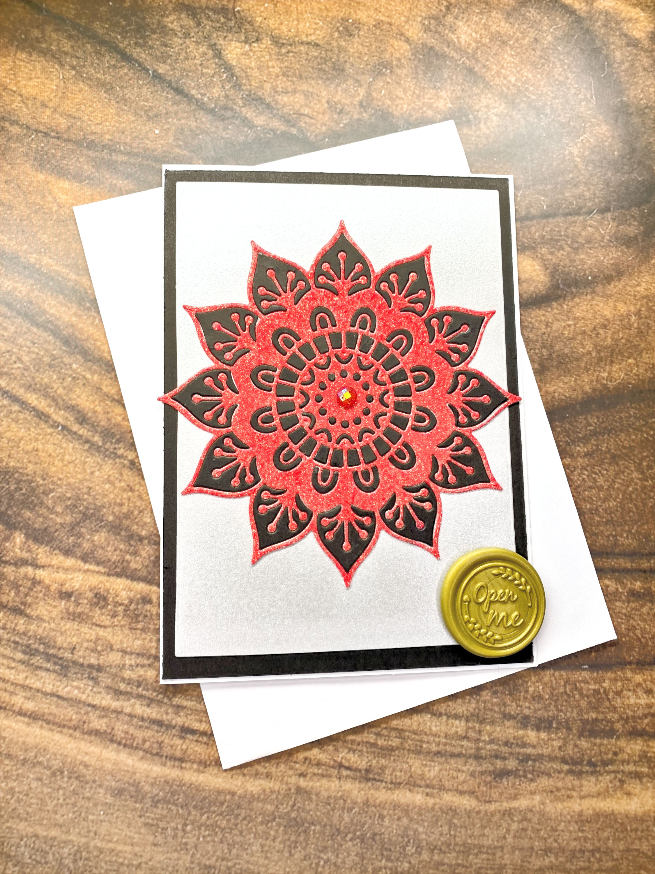 Red Glitter Mandala Greeting Card, Birthday, Note Cards, Yoga Decor