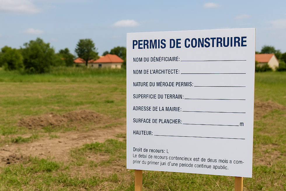 Photographie d’un terrain avec un panneau d’affichage de permis de construire visible de loin, illustrant l’affichage d’un permis de construire sans détail lisible depuis la voie publique.