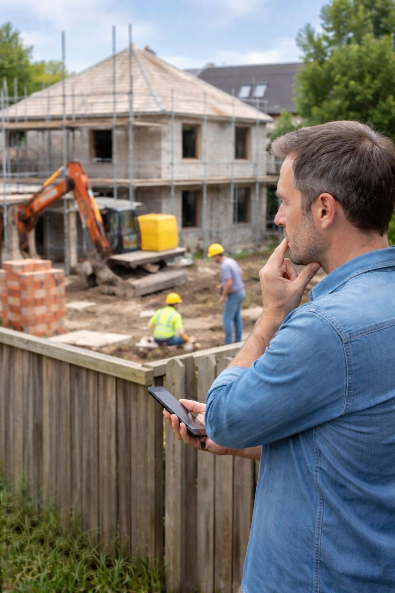 Homme observant une construction potentiellement illégale depuis son jardin, symbolisant l'inquiétude liée à une infraction d’urbanisme commise par un voisin.