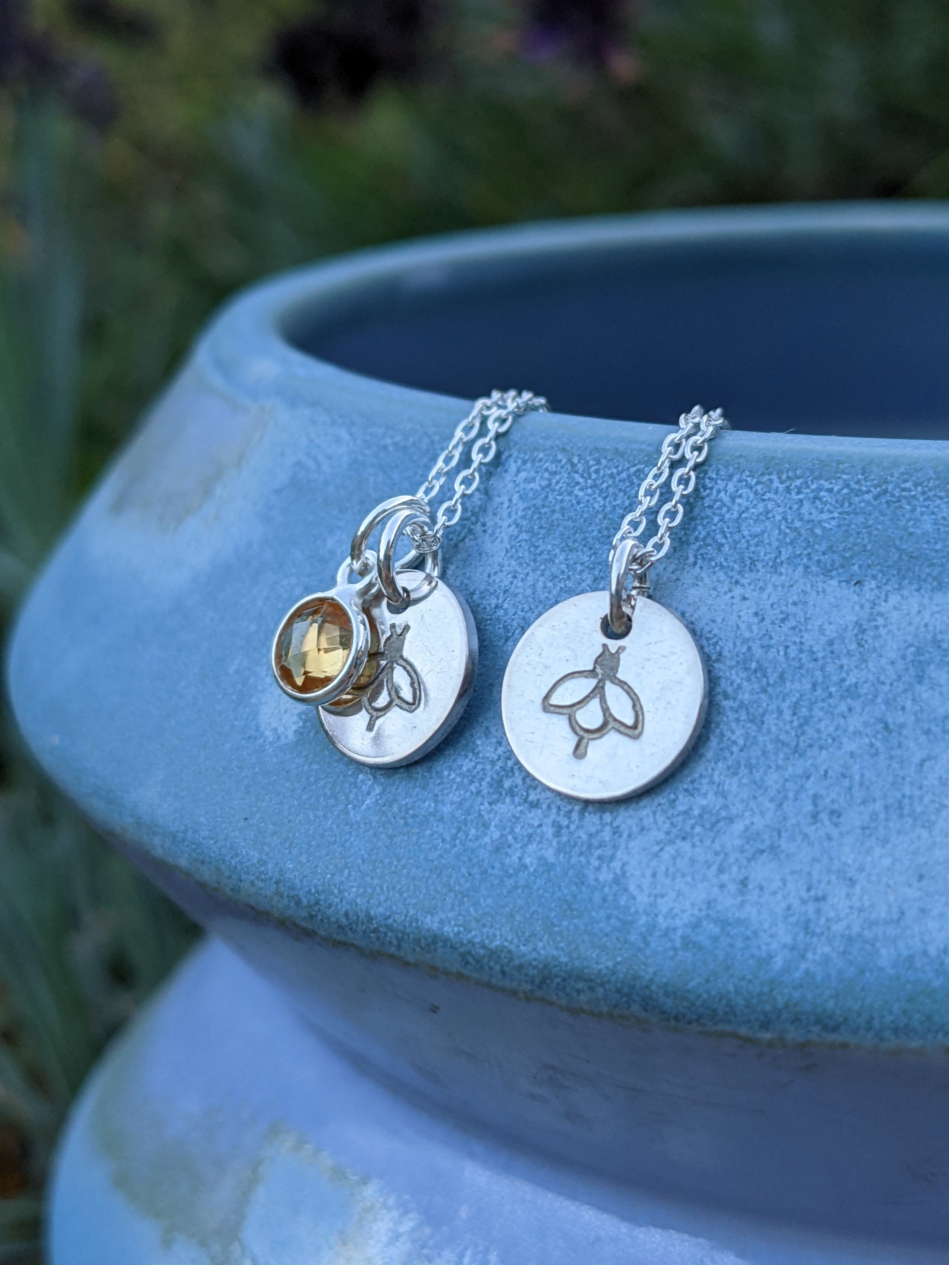 silver bee necklace with citrine gemstone charm