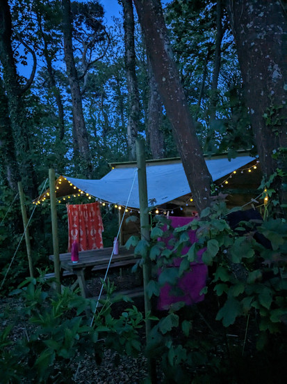 outside kitchen area under a canopy with fairy lights outside at dusk in a woodland on a glamping site in st ives cornwall