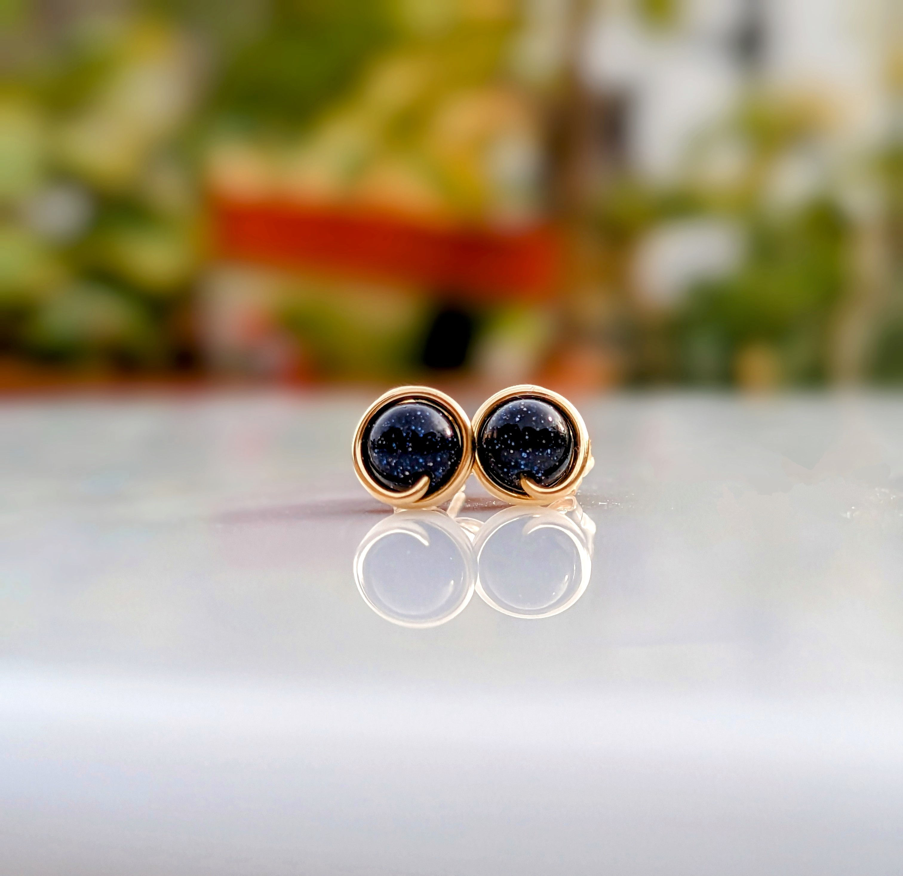 gold blue goldstone stud earrings