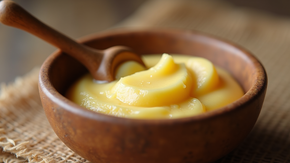 Eye-level view of a small bowl filled with shea butter and a wooden spoon