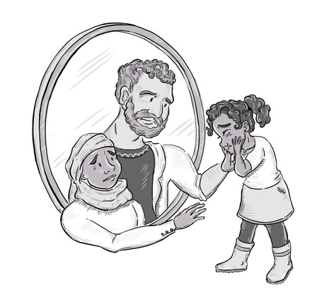 Digital illustration showing a crying little girl, being comforted by her parents inside of a mirror frame. Illustration used in "Surviving Parenthood" book.