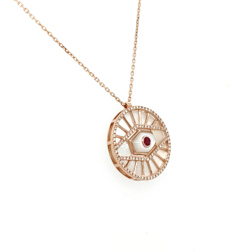 Thumbnail: 18K Rose Gold Evil Eye Diamond Pendant Necklace with Mother of Pearl and Ruby
