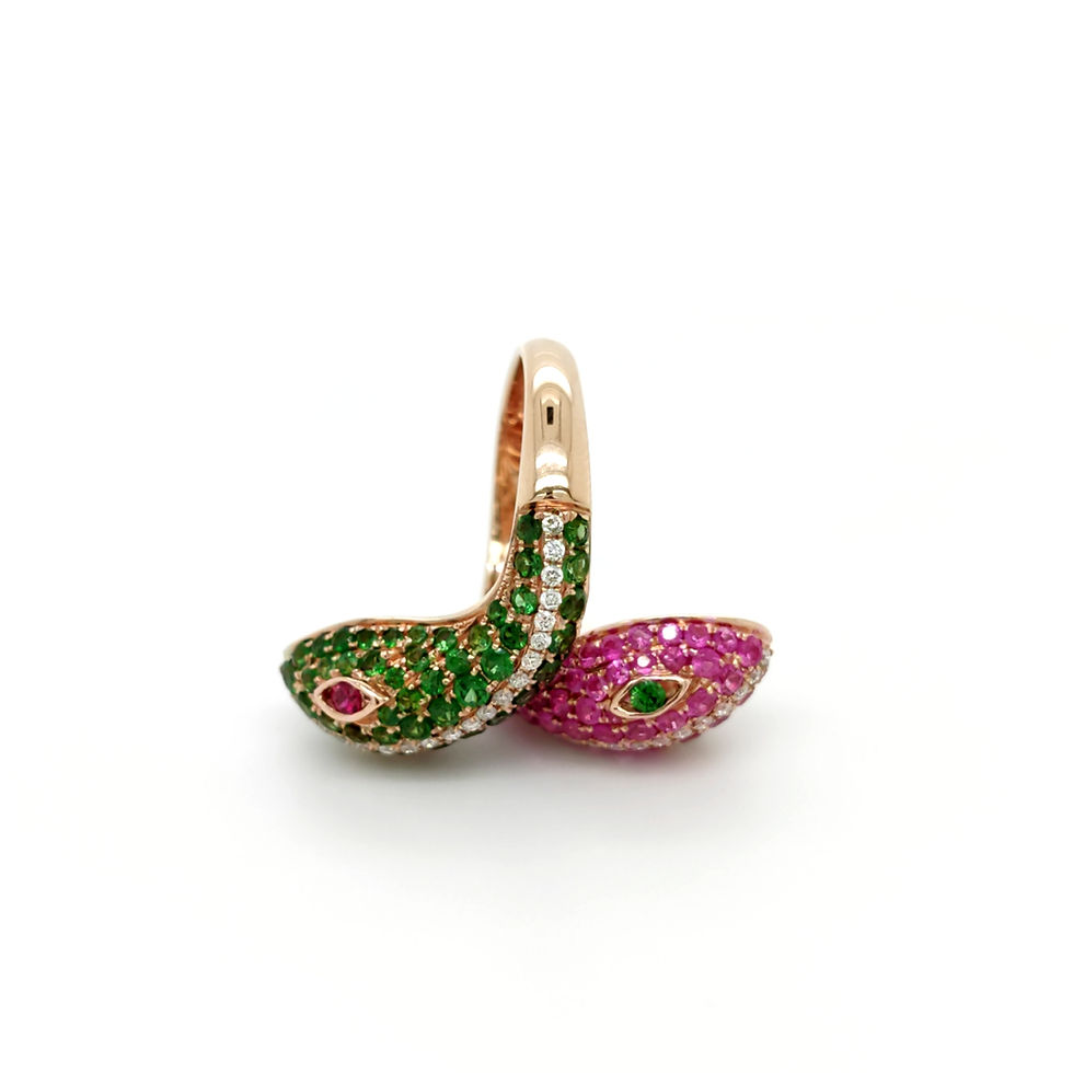 Thumbnail: 18K Rose Gold Snake Pink Sapphire & Green Garnet Diamond Ring