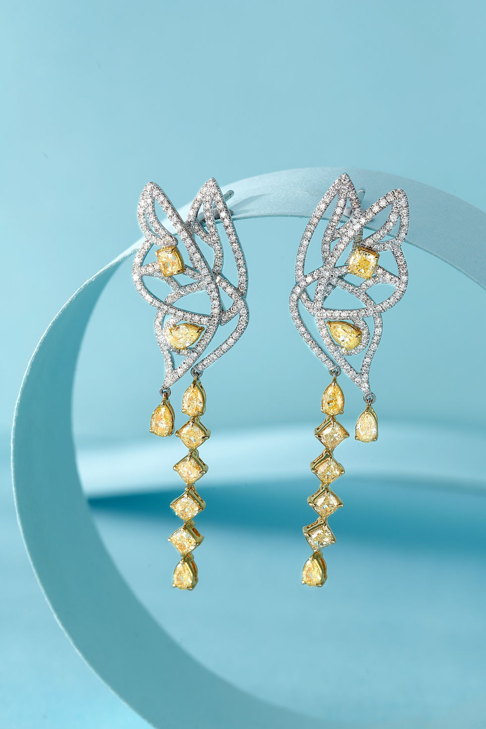 Thumbnail: 18K Yellow Gold Butterfly Tassel Earrings with Natural Yellow and White Diamonds