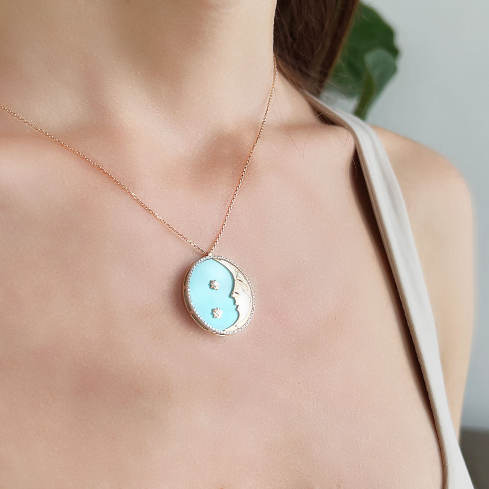 Thumbnail: 18K Rose Gold Aqua Blue Waxing Crescent Diamond Pendant Necklace with Turquoise