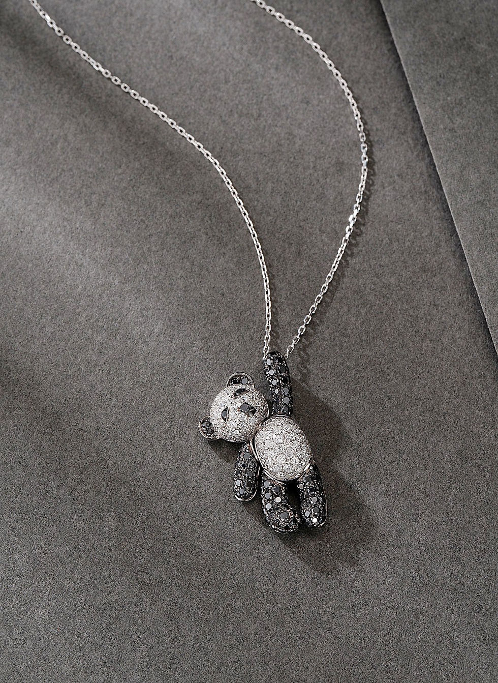 Thumbnail: 18K White Gold with Black and White Diamond Bear Necklace