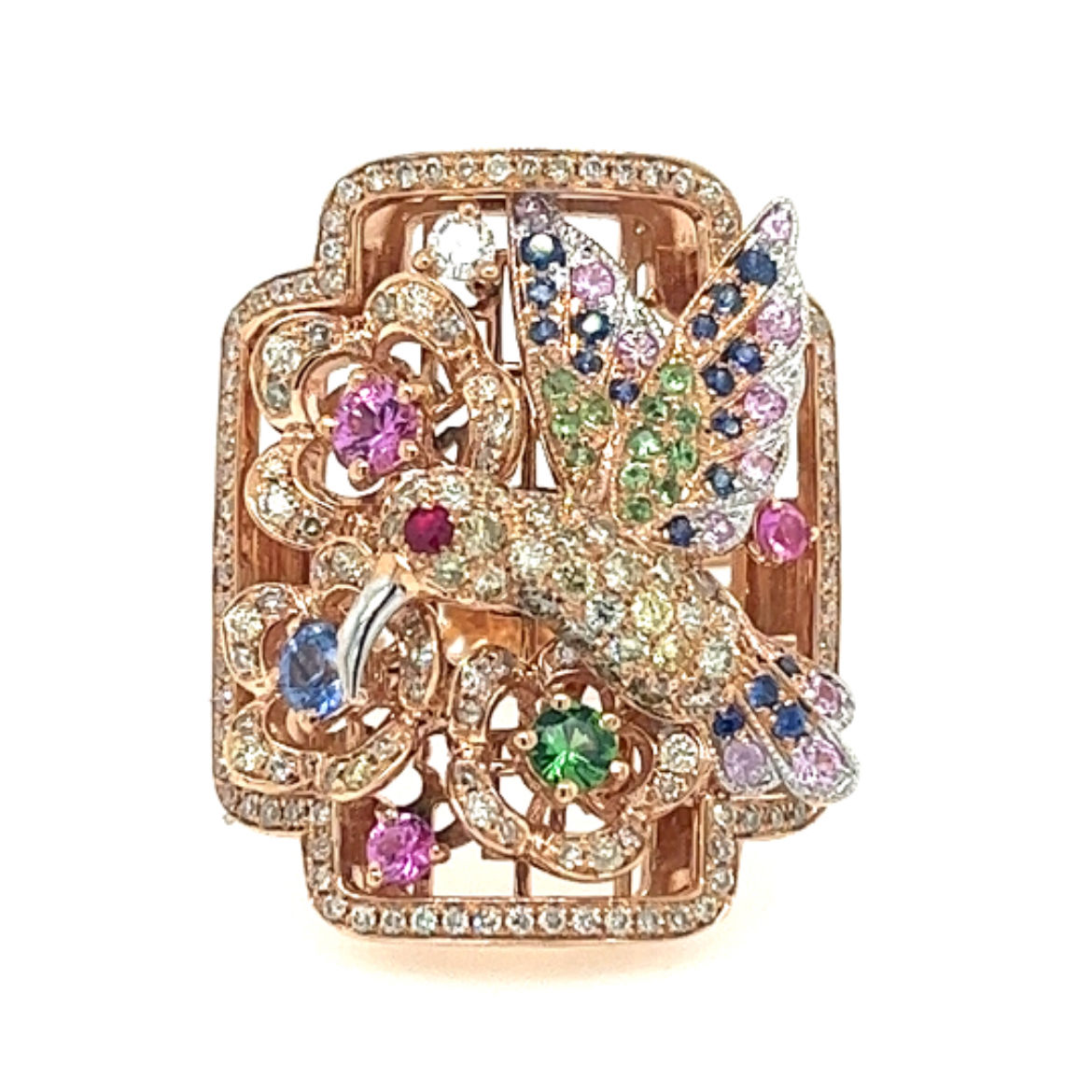 18K Rose Gold Multi-Color Sapphire Bird & Garden Ring with Diamonds