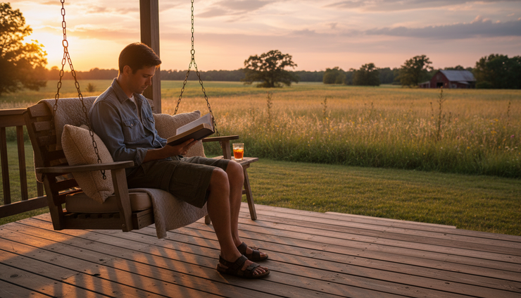 Eye-level view of a person reading a Bible on a porch at sunset.
