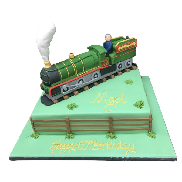 A nostalgic steam train-themed cake elegantly displayed on a square cake board, perfect for train enthusiasts and special occasions in UK.