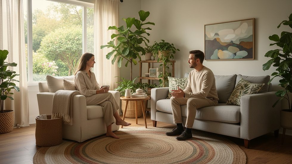 Eye-level view of a cozy counseling office with a comfortable chair and soft lighting