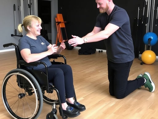 Personal trainer assisting female client in a wheelchair during a neuro rehabilitation session.