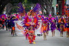 People in vibrant purple and orange feather costumes at a parade