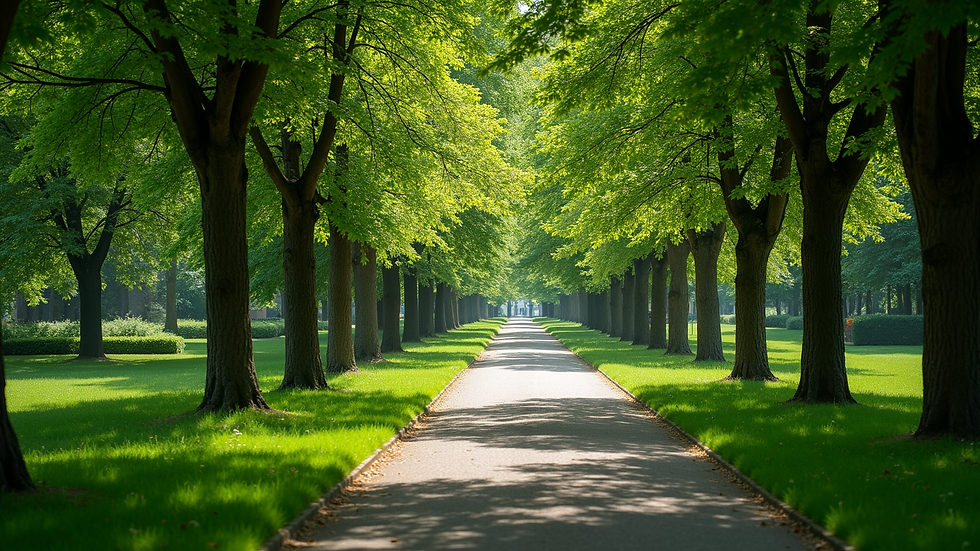 High angle view of a serene park pathway surrounded by green trees