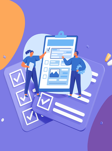 Grafisk mynd av tveimum fólkum ið granska eina kanning