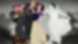 Snow White dances with a laughing dwarf in front of a blurred black-and-white dancer backdrop.