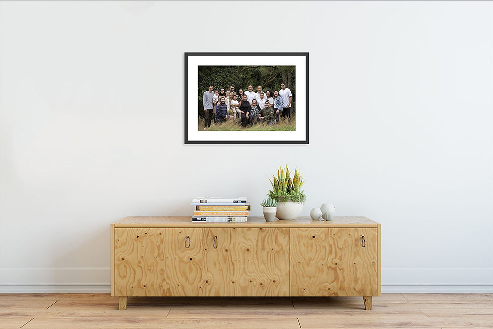 Printed and framed picture of an extended family group hung on the wall