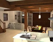 京都の注文住宅｜リビングとキッチンの3Dパース
