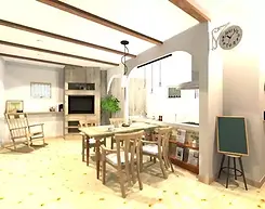 京都注文住宅　フレンチハウスのダイニングキッチンの3Dパース