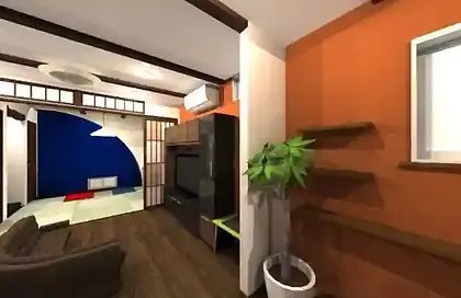 京都の注文住宅でご提案する和モダン住宅のLDK・和室内観3Dパース