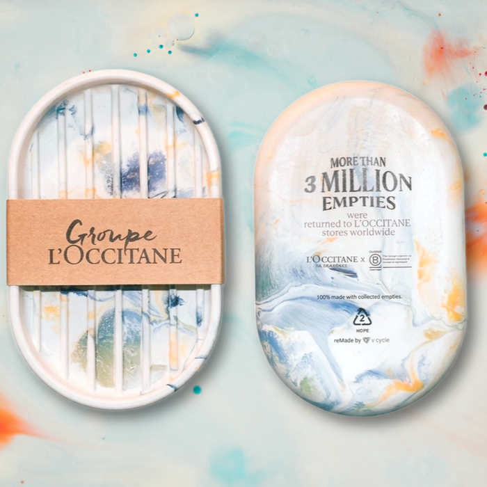 V Cycle's partnership with L’Occitane, established in 2021, supports the MEGA Beauty Empties Recycling Program for in-store collection. To close the loop and honor staff efforts, a selection of this waste is repurposed into soap dishes for employees, acknowledging their vital role in driving the program's success.
