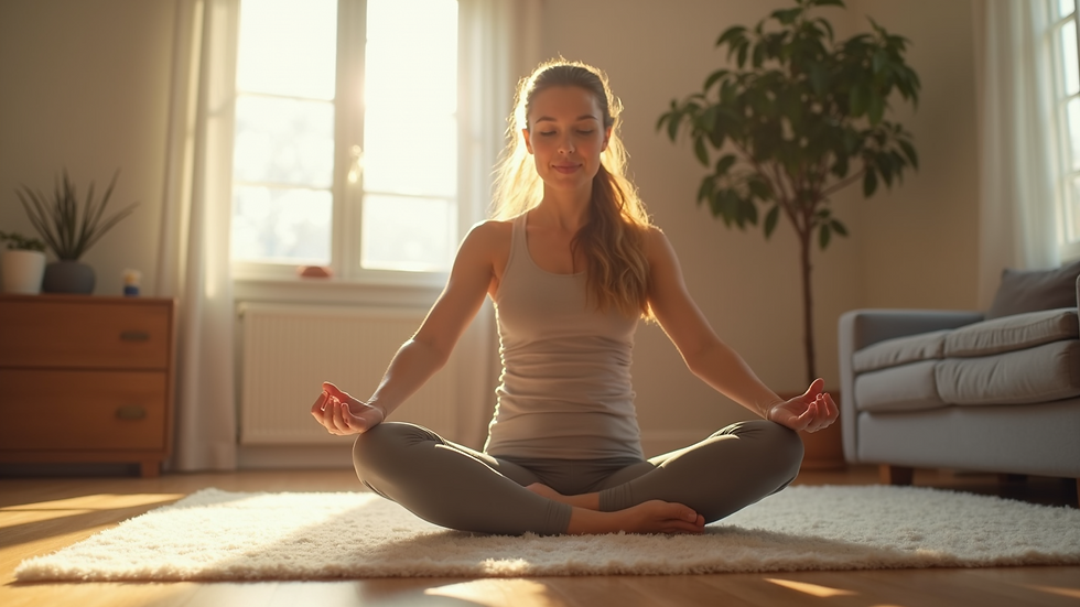 Eye-level view of a person practicing yoga in a serene home environment