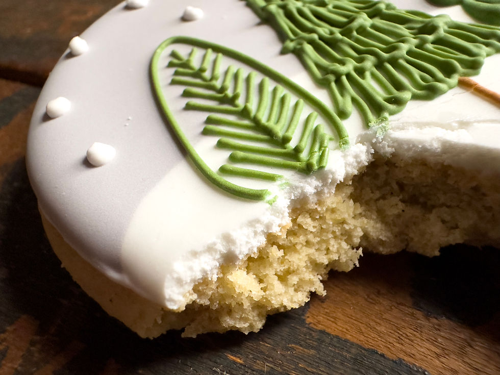 closeup of half eaten snowglobe cookie with snow and christmas trees