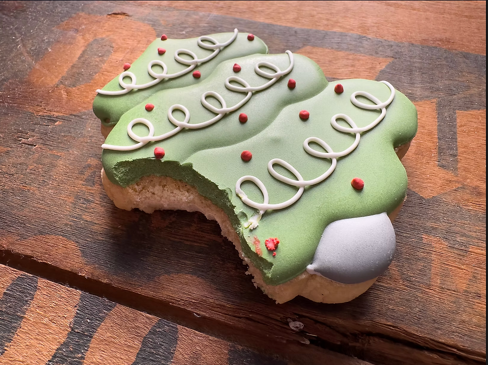 christmas tree cookie displayed on antique wooden box