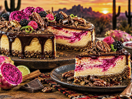 Creamy Sonoran Desert prickly pear cheesecake topped with Mexican chocolate ganache and a cinnamon-pecan crust, beautifully plated for dessert. Copy Alt Text