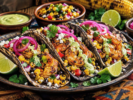 Sonoran fire-grilled shrimp tacos topped with roasted corn salsa, creamy avocado crema, fresh cilantro and lime, served in warm tortillas. Copy Alt Text