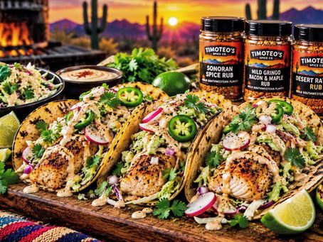 Grilled mahi mahi fish tacos seasoned with Timoteo's Southwestern spice rubs, topped with avocado-lime slaw, chipotle crema, radishes and cilantro. Copy Alt Text