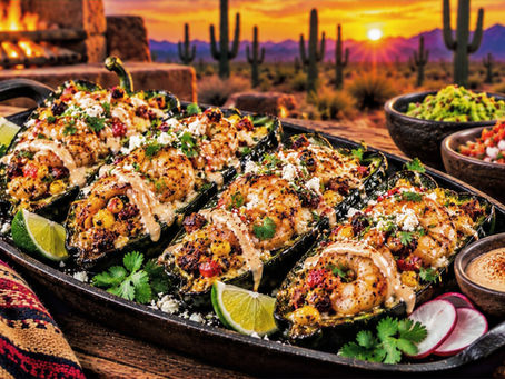 Fire-roasted poblano peppers stuffed with shrimp, chorizo, roasted corn and melted cheese, topped with smoky chipotle crema and cilantro.