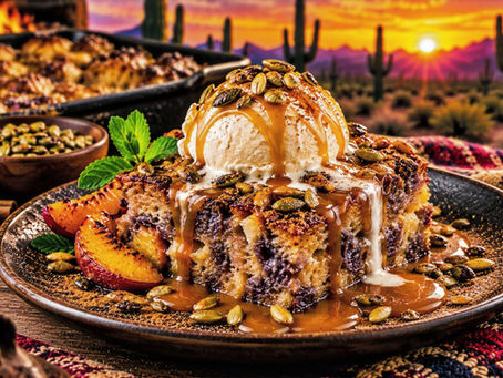Timoteo's Sonoran Blue Corn Bread Pudding with Maple-Cinnamon Custard & Salted Caramel