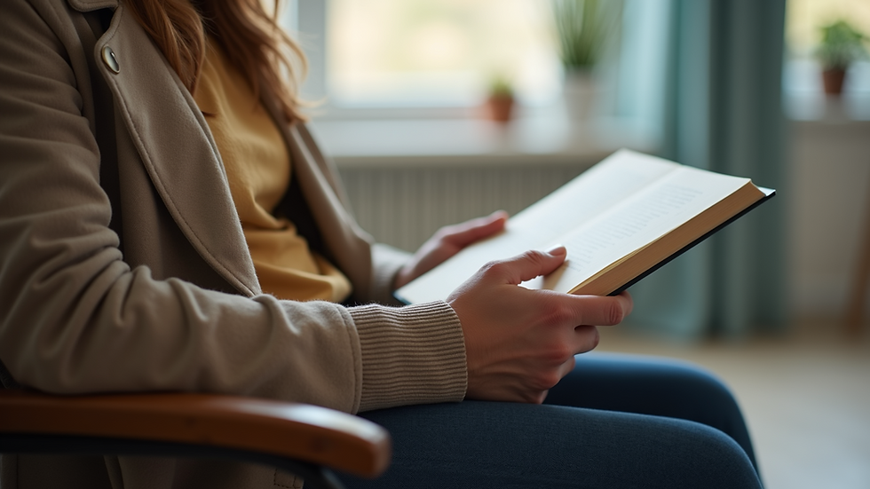 Close-up view of a volunteer holding a book while sitting beside a patient