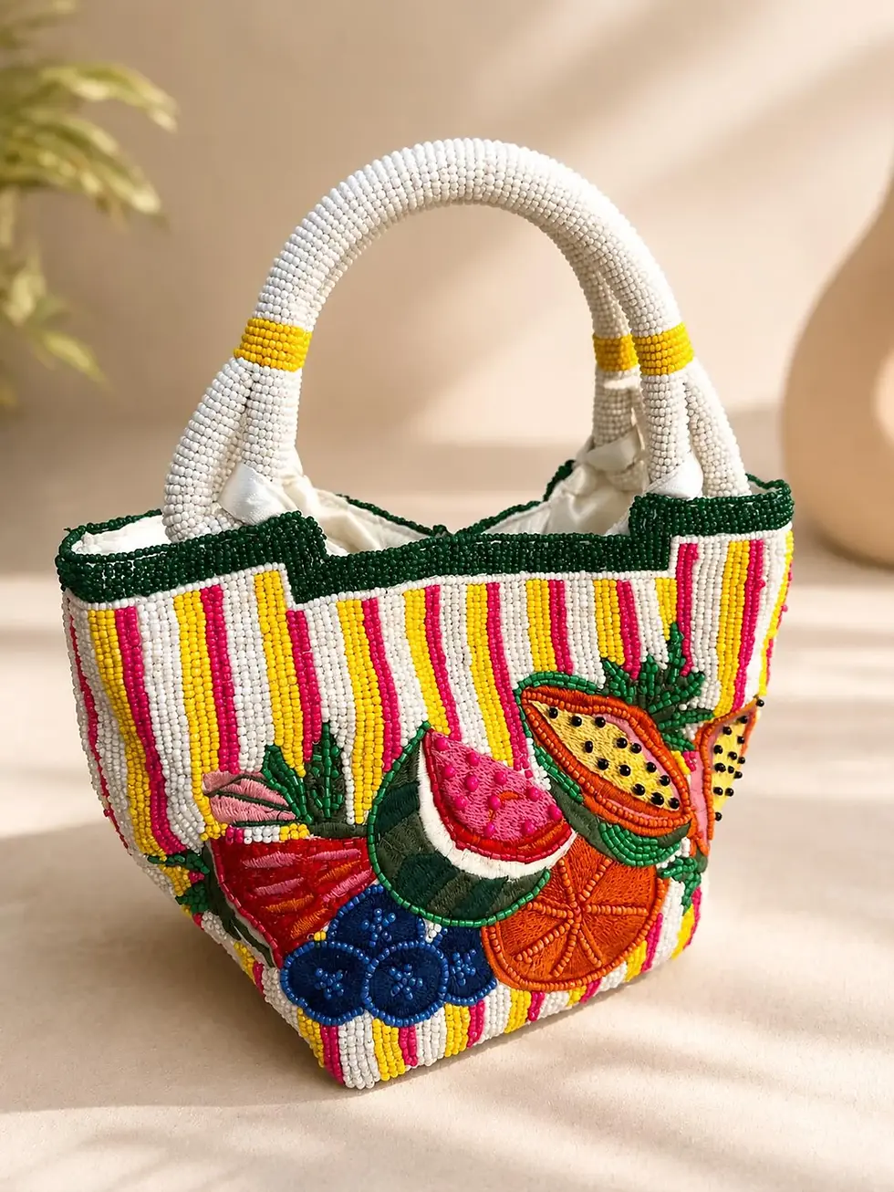 Thumbnail: Handmade Colourful Beaded Fruit Tote Bag – Unique Summer Handbag for Women