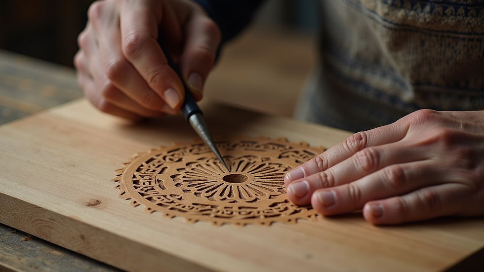 Close-up view of a skilled artisan carving intricate patterns on wood
